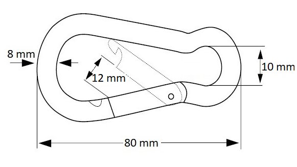 Afmetingen karabijnhaak peer rvs met ring 80x8 cm