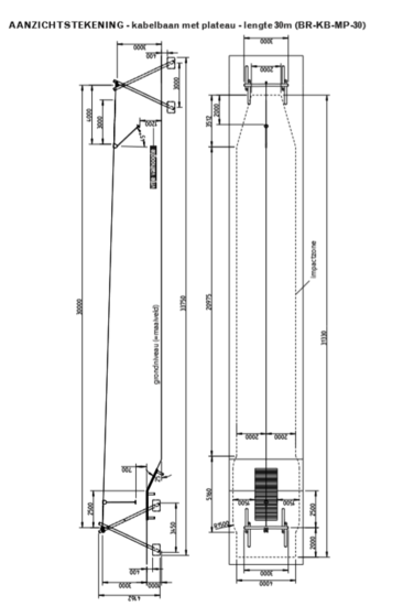 tekening 1 met afmetingen van de Robinia Kabelbaan met startplateau