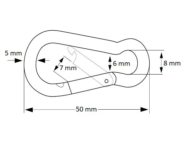 Afmetingen tekening karabijnhaak 5x50mm rvs 