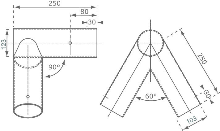 Hoekverbinding Recht, Rond 123mm/103mm afmetingen