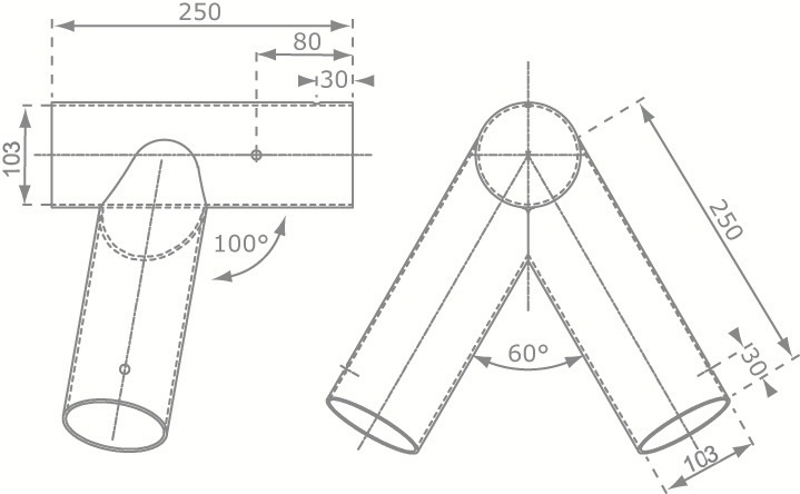 Hoekverbinding Schuin, Rond 103mm/103mm afmetingen