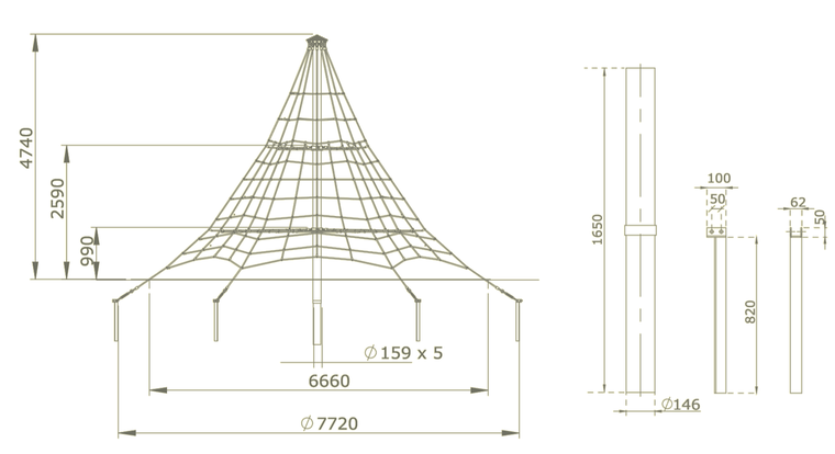 piramide net in gewapend touw 5.2m afmetingen tekening 4,7 m