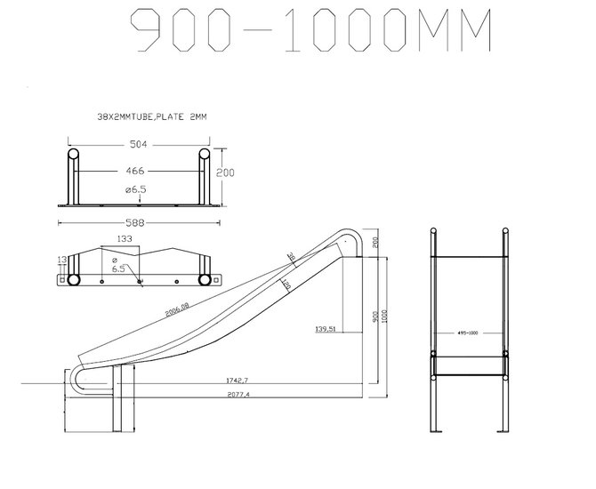 Rvs glijbaan technische tekening 90 t/m 100