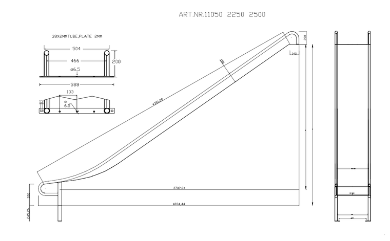 Technische tekening Rvs glijbaan  225 t/m 250 cm 