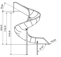 Tekening met afmetingen RVS Open Buisglijbaan Spiraal voor platformhoogte 200 cm vooraanzicht