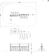 tekening met afmetingen van de Robinia Balanceerbalken Hoog met Klimnetten Openbaar (Serie 29)