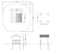 tekening met afmetingen van het Beren Speelhuisje Open met lage achterzijde Openbaar