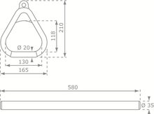 Houten trapeze met kunststof driehoeksringen Geel en PH Touw tekening met afmetingen