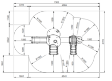 tekening met afmetingen en vrije ruimtes van het Europlay Speeltoestel De wolf en de zeven geitjes