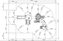 tekening met afmetingen en vrije ruimtes van het Europlay Speeltoestel Merlijn de Tovenaar