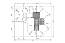 tekening met afmetingen van de Europlay Speeltoren Piratenburcht met rvs glijbanen