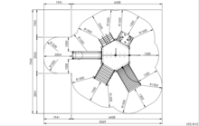 tekening met afmetingen en vrije ruimtes van de Europlay Speeltoren Zeester