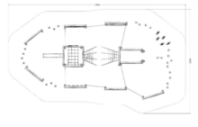 tekening van de bovenzijde van het Robinia Combi Klimparcours III met afmetingen en vrije ruimtes