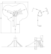 tekening met afmetingen en vrije ruimtes van de Robinia Speeltoren met RVS glijbaan en glijpalen