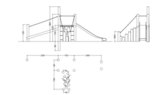 tekening met afmetingen van de Robinia Speeltoren met RVS glijbaan en loopbalk