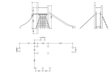 tekening met afmetingen van de Robinia Speeltoren met RVS glijbaan, glijpalen, klimnet en touwladder