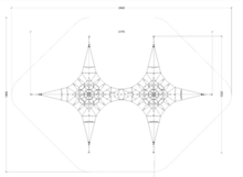 tekening met afmetingen van de Dubbel piramidenet 6M bovenaanzicht