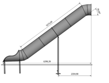 tekening zijaanzicht met afmetingen van de rvs buisglijbaan platformhoogte 350 cm