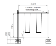 Stalen Schommel 4 Haken Openbaar met 2 Schommelzitjes afmetingen vooraanzicht