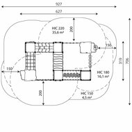 Inzage van vrije ruimte en afmetingen boven aanzicht speelcombinatie