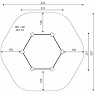 Afmetingen en bovenaanzicht van de zeshoekige zandbak