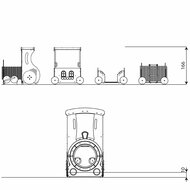 Vooraanzicht en afmetingen locomotief en wagonnen