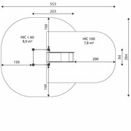 Boven aanzicht en afmetingen talud/platform glijbaan