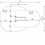 Boven aanzicht en afmetingen talud/platform glijbaan