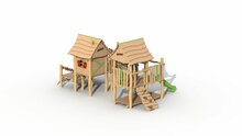 Achterkant Eco-Play Minidorp Stropersbos met 2 huisjes en kunsstof glijbaan groen Robinia