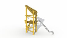 Speeltoren gezien van de andere kant met dak en glijbuizen 