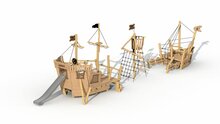 Zicht op de glijbaan can de Eco-Play Piratenboot Albatros Voorsteven, Uitkijkmast en Achtersteven Robinia Openbaar