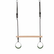 Houten Trapeze met Groene Metalen Ringen en Zwart BR-touw