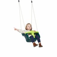 meisje wijst naar rechts terwijl ze zit in Babyschommel Luxe Donkergroen/Limoengroen met Beige BR-touwen
