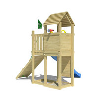 achter aanzicht Houten Speeltoren Jungle Roamer met Blauwe Glijbaan