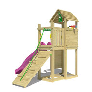 aanzicht van klimwand Houten Speeltoren Jungle Roamer met Fuchsia Glijbaan