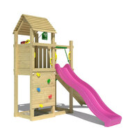 aanzicht van klimmuur van Houten Speeltoren Jungle Roamer met Fuchsia Glijbaan