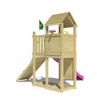achteraanzicht van Houten Speeltoren Jungle Roamer met Fuchsia Glijbaan
