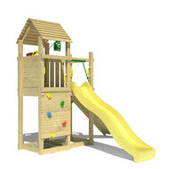 Aanzicht van klimwand van Houten Speeltoren Jungle Roamer met Gele Glijbaan
