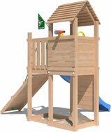 achteraanzicht van Premium Douglas Houten Speeltoren Jungle Roamer met Blauwe Glijbaan