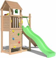 vooraanzicht van Premium Douglas Houten Speeltoren Jungle Roamer met Lichtgroene Glijbaan