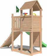 achteraanzicht van Premium Douglas Houten Speeltoren Jungle Roamer met Lichtgroene Glijbaan