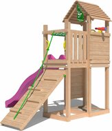 zijaanzicht van Premium Douglas Houten Speeltoren Jungle Roamer met Fuchsia Glijbaan