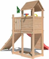 achteraanzicht van Premium Douglas Houten Speeltoren Jungle Roamer met Rode Glijbaan