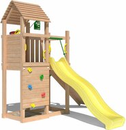 vooraanzicht van Premium Douglas Houten Speeltoren Jungle Roamer met Gele Glijbaan
