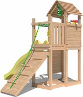zijaanzicht van Premium Douglas Houten Speeltoren Jungle Roamer met Gele Glijbaan