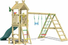 achteraanzicht van Houten Speeltoren Jungle Totem met Groene Glijbaan en Klimnet