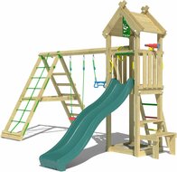 Houten Speeltoren Jungle Totem met Groene Glijbaan en Klimnet