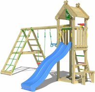 Houten Speeltoren Jungle Totem met Blauwe Glijbaan en Klimnet