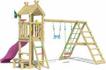 achteraanzicht van Houten Speeltoren Jungle Totem met Fuchsia Glijbaan en Klimnet