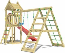 zijaanzicht van Houten Speeltoren Jungle Totem met Rode Glijbaan en Klimnet